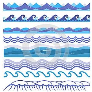 Vector illustration of ocean, sea waves, surfs and
