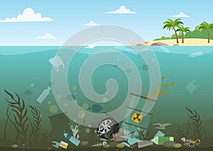 Vector illustration of ocean water full of dangerous waste at the bottom. Eco, water pollution concept. Garbage in the