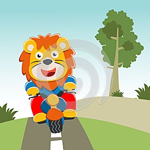 Vector illustration ofcute lion ride a motorcycle, Can be used for t-shirt print, kids wear fashion design, invitation card.