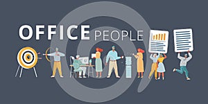 Vector illustration of Office team set on dark background. People on dark background. Office team working at workspaces