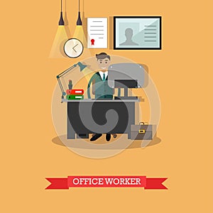 Vector illustration of office worker at his workplace, flat design