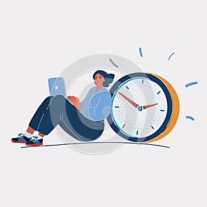 Vector illustration of Office worker sitting near big clock and working on the computer.