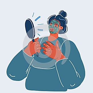 Vector illustration ofwoman do her beauty routine. Woman looking in mirror and apply face mask in bathroom. Skin care