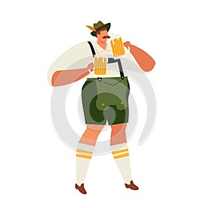 Vector illustration of Oktoberfest guy celebrating with mugs of beer.