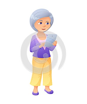 Vector illustration of an old active lady, who is dressed in jeans and cardigan. She is standing and surfing the