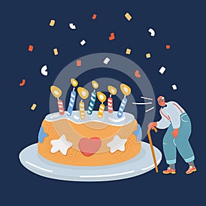 Vector illustration of Old man celebrating birthday. Senior man with big cake and candle. Grandfather with grey hair