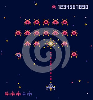 Vector illustration of old pixel art style Ufo space war game. Pixel monsters and spaceship. Retro game, 8 bit game