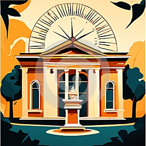 Vector illustration of an old school building with a fountain and a clock generative AI