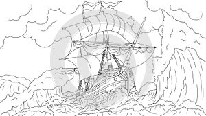 Vector illustration, old ship sailing in a storm, wrecked