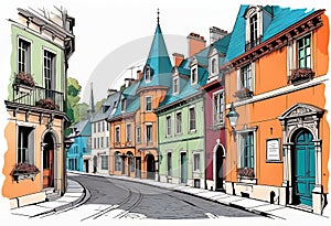 Vector illustration of old streets, beautiful city landmarks of the Victorian era, isolated on a white background