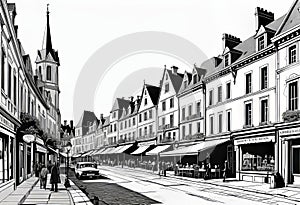 Vector illustration of old streets, beautiful city landmarks of the Victorian era, isolated on a white background