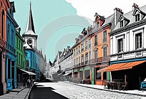 Vector illustration of old streets, beautiful city landmarks of the Victorian era, isolated on a white background