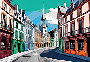 Vector illustration of old streets, beautiful city landmarks of the Victorian era, isolated on a white background
