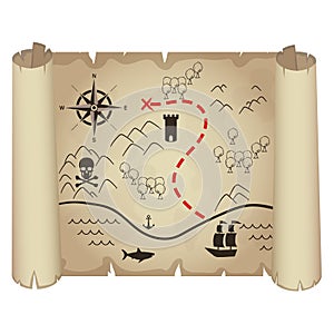 Vector illustration of old treasure map. Papyrus.