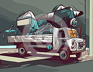 Vector illustration of a old vintage truck in a city street AI