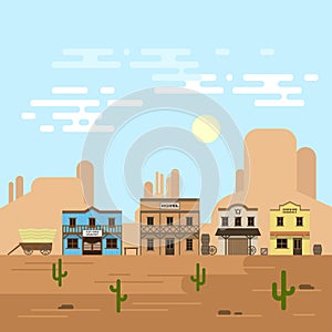 Vector illustration of an old western town in a daytime.