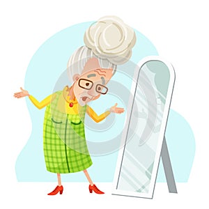 Vector illustration of an old woman with glasses tries on a shoese in front of a mirror. Clothes, wardrobe, shop, dress