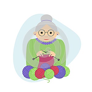 Vector illustration, old woman knits on knitting