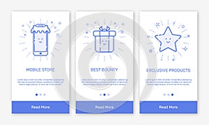 Vector Illustration of onboarding app screens and flat line web icons for e-commerce mobile apps.