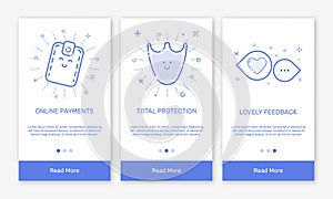 Vector Illustration of onboarding app screens and flat line web icons for e-commerce mobile apps.