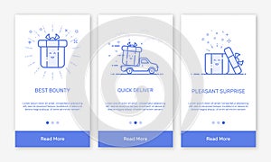 Vector Illustration of onboarding app screens and flat line web icons for e-commerce mobile apps.