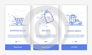 Vector Illustration of onboarding app screens and flat line web icons for e-commerce mobile apps.