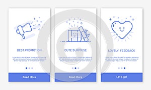 Vector Illustration of onboarding app screens and flat line web icons for e-commerce mobile apps.