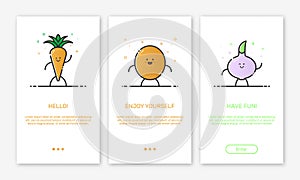 Vector Illustration of onboarding app screens and outline web vegetables icons for mobile apps .