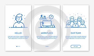 Vector Illustration of onboarding app screens and web concept design team for mobile apps in flat line style.