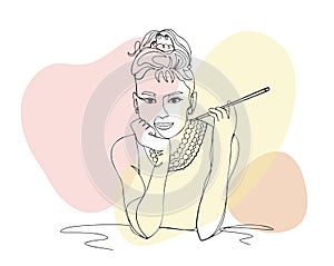 Vector illustration, one line portrait of Audrey Hepburn, a portrait of the modern woman smoking mouthpiece, isolated with