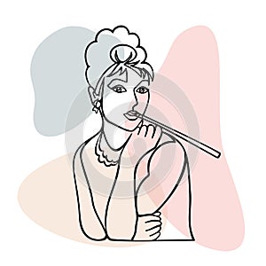 Vector illustration, one line portrait of Audrey Hepburn, a portrait of the modern woman smoking mouthpiece, isolated with