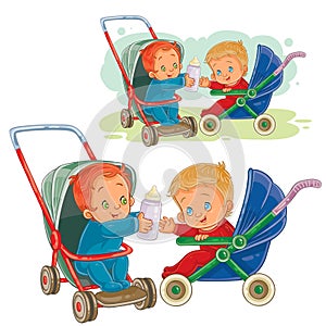 Vector illustration of one little baby stretches his milk bottle to another baby