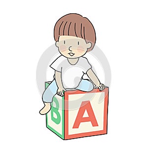 Vector illustration of one little kid sitting on abc alphabet block. Early childhood development, education and learning