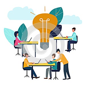 Vector illustration, online assistant at work. Promotion in the network. Search for new ideological solutions, teamwork in a