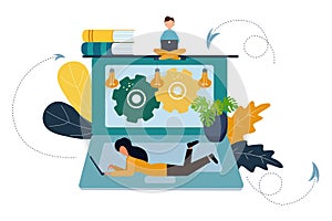 Vector illustration, online assistant at work. Search for new solutions ideas, teamwork in the company, brainstorming.