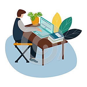 Vector illustration, online courses for employees, people sit at the conference and look at the big screen, analysis of