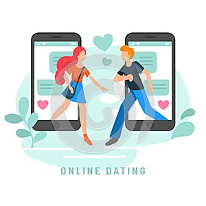 Vector illustration for online dating app users. Flat infographics of man and woman acquaintance in social network.