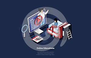 Vector Illustration Of Online Education Concept With 3D Isometric Characters. Woman Learning From Internet Sitting On