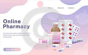 Vector illustration of online pharmacy concept. Medical supplies, bottles liquids, pills with place for text. Drug store