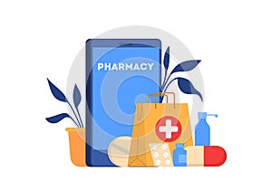 Vector illustration of online pharmacy store. Medicines online