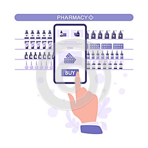 Vector illustration of online pharmacy store. Purchasing medicines