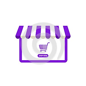 Vector illustration Online shopping, Shop now, violet laptop shop and shopping cart isolated from white background.