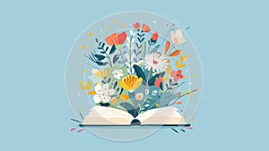 Vector illustration of open book with flowers coming out of the interior, blue background, book day