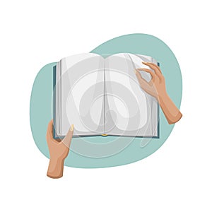 Vector illustration of an open book. The person turns the page