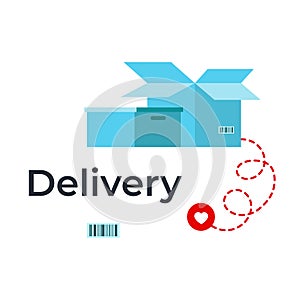 Vector illustration of an open and closed blue box with a barcode. Delivery. Storage. Container. Heart icon. Like. Package. Empty
