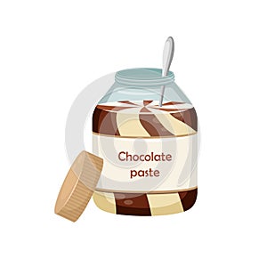 Vector illustration of an open jar of chocolate paste with a spoon inside. Sweet snack. Chocolate-nut paste