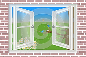 Vector illustration : Open white window on bright sunny day with outdoor view of an a nest and birds on a tree with flowers, sun s