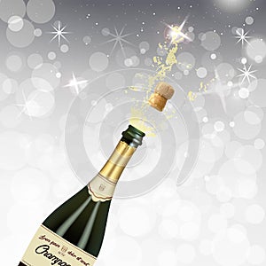 Vector illustration of opened bottle of champagne or sparkling wine with a cork and splash in photorealistic style. A