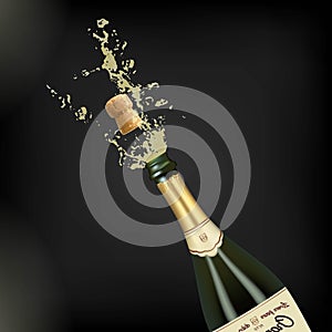 Vector illustration of opened bottle of champagne or sparkling wine with a cork and splash in photorealistic style. A