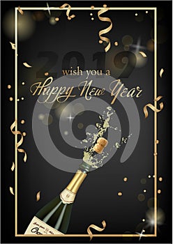 Vector illustration of opened bottle of champagne or sparkling wine with a cork and splash in photorealistic style